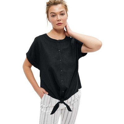 ellos Linen-Blend Tie-Front Blouse