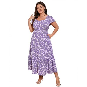 YESFASHION Women Plus Size Maxi Dress Floral Ruffle Summer Dress Short Sleeve Long Dress High Waist Sweethearte Neck Casual Dress - 1 of 4