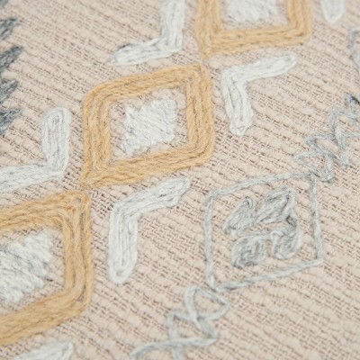 24" Beige and Gray Embroidered Cotton Square Throw Pillow
