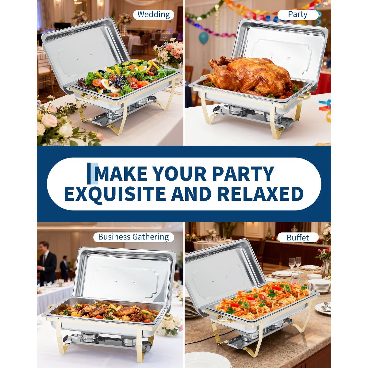 Garvee Chafing Dishes for Buffet Set of 2, 8QT Stainless Steel Rectangular Chafer with Lid, Buffet Server Food Warmer for Parties Catering, Silver - thumbnail 5