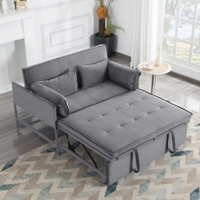 DOMETOUR 46 Inch Pull-out Sleeper Upholstered Sofa Bed with Two Pillows, Convertible Sofa Bed Velvet Loveseat for Living Room Bedroom