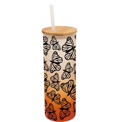 Elanze Designs Medium Monarch Butterfly Insect Bug Wrap-Around Design 25 Ounce Frosted Gradient Glass On-The-Go Coffee Travel Skinny Tumbler Mug Cup,