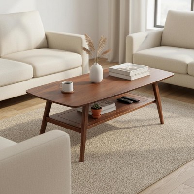 Homy Casa Mid-Century Modern Wooden Coffee Table with Open Storage Shelf, Living Room Center Table