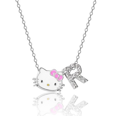 Hello Kitty Women's Enamel Hello Kitty and Sliding Pave Initial Necklace