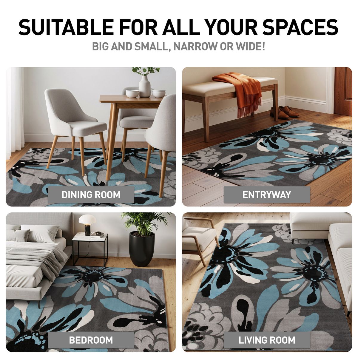 World Rug Gallery Contemporary Modern Flowers Area Rug: Stain-Resistant Runner, Low Pile, Floral Pattern - thumbnail 3