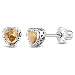 Girl's CZ Birthstone Heart Screw Back Sterling Silver Earrings - In Season Jewelry - 1 of 4