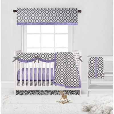 Bacati - Love Design/Print Gray Lilac 6 pc Crib Bedding Set with Long Rail Guard Cover