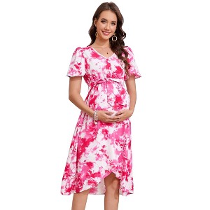 Maternity Maxi Dress Wrap V Neck Baby Shower Pregnancy Dresses for Photoshoot With Button - 1 of 4