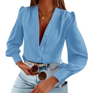 Imily Bela Women's Business Casual V Neck Chiffon Blouse Long Sleeve Button Down Summer Shirt - 1 of 4