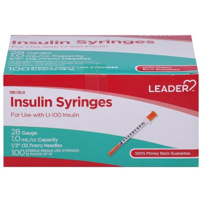Leader Insulin Syringes 28 Gauge X 1/2 in 1ml, 100 Count