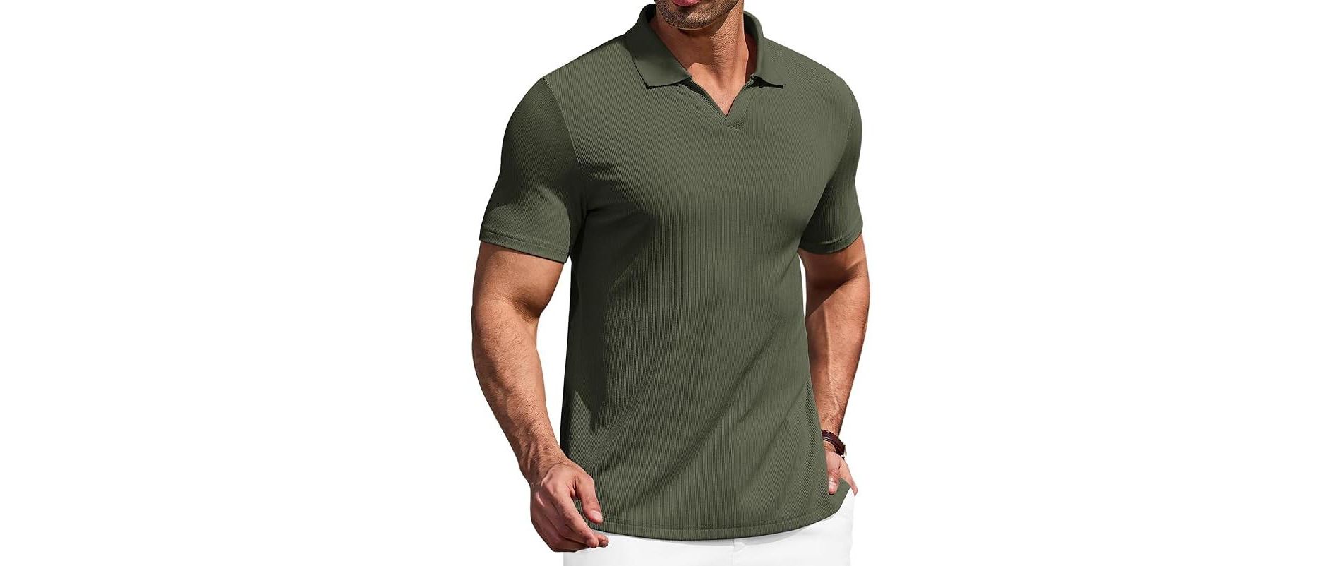 COOFANDY Men's Muscle V Neck Polo Shirts Stretch Short Sleeve Golf T-Shirts Ribbed Knit Soft Tees