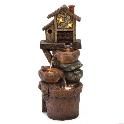 LuxenHome 29.1" H Bowls and Birdhouse Resin Outdoor Fountain with Lights Brown