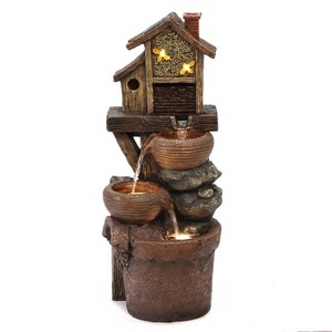 LuxenHome 29.1" H Bowls and Birdhouse Resin Outdoor Fountain with Lights Brown - 1 of 4