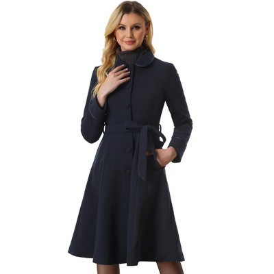 Allegra K Women's Contrast Trim Peter Pan Collar Single Breasted Belted Swing Winter Long Coat