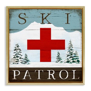 Stupell Industries Ski Patrol Rustic Cabin Sign Floating Frame Canvas Art, Gold, 18" x 18" - 1 of 4