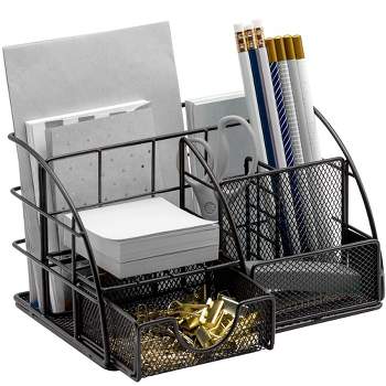 Flexzion Desk Organizer Office Supplies Accessories Desktop Tabletop Sorter Shelf Pencil Holder Caddy Set - Metal Mesh with Drawer and 6 Compartments (