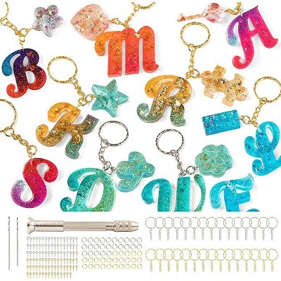 JDICTION 182Pcs Fancy Alphabet Silicone Resin Molds Kit - Reversed Letter Keychain Casting Set with Hand Drill, Key Rings & Screw Pins