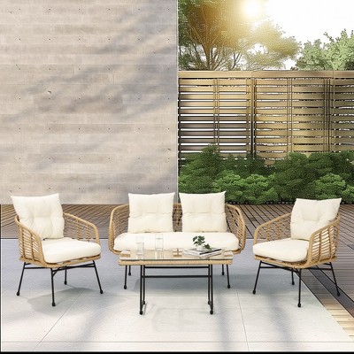Whizmax 4-Piece Patio Furniture Set,Boho Rope Wicker Bistro Sets, Patio Conversation Set with Soft Cushions and Table for Deck,Backyard, Porch
