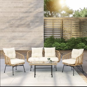 Whizmax 4-Piece Patio Furniture Set,Boho Rope Wicker Bistro Sets, Patio Conversation Set with Soft Cushions and Table for Deck,Backyard, Porch - 1 of 4