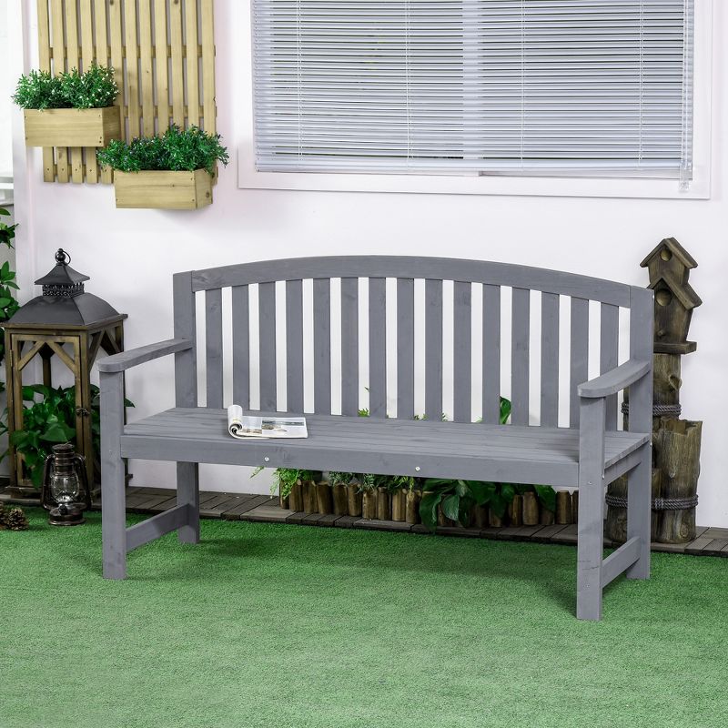 Outsunny 56" Outdoor Wood Bench, 2-Seater Wooden Garden Bench with Slatted Seat, Backrest & Arm Rests for Patio, Porch, Poolside, Balcony, 3 of 7