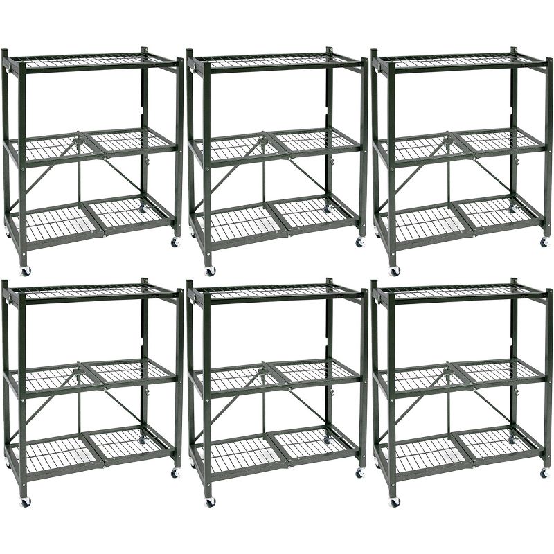 Origami R3 General Purpose Foldable 3-Tiered Shelf Storage Rack with Wheels for Home, Garage, or Office, Pewter (6 Pack), 1 of 7