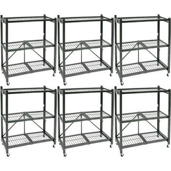 Origami R3 General Purpose Foldable 3-Tiered Shelf Storage Rack with Wheels for Home, Garage, or Office, Pewter (6 Pack)