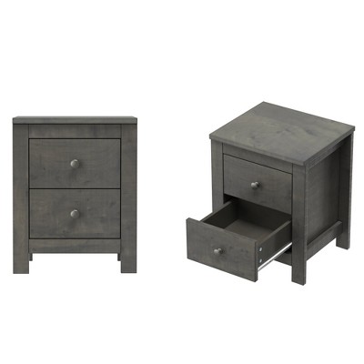 Gulches Nightstand Set: 2 Dark Grey 21 - Inch High Units, 2 Drawers, Wooden Legs, Vintage Look