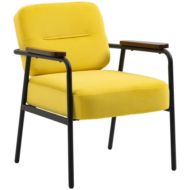 HOMCOM Modern Accent Chair with Cushioned Seat and Back, Upholstered Velvet Armchair for Bedroom, Living Room Chair with Arms and Steel Legs, Yellow, 4 of 7