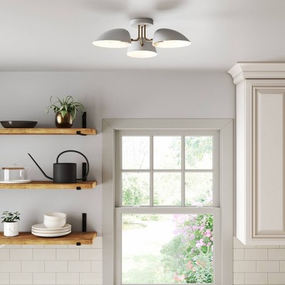 White and Brass 3-Light Semi Flush Ceiling Mount Fixture