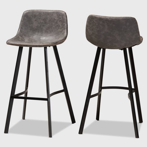 Set of 2 Tani Faux Leather Upholstered Metal Barstools Gray Black Baxton Studio