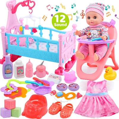 Skirfy Baby Doll Play Set with 12.5" Baby Doll, Crib, High Chair, 41 PCS Baby Doll Accessories and 2 Sets Doll Clothes, Pretend Play Toys