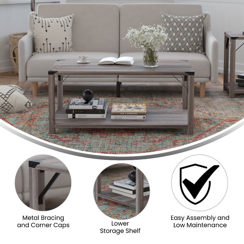 Flash Furniture Wyatt Modern Farmhouse Wooden 2 Tier Coffee Table with Metal Corner Accents and Cross Bracing, 6 of 12