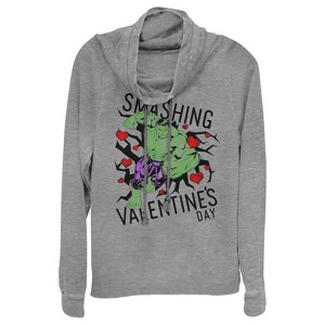 Juniors Womens Marvel Valentine's Day Hulk Smashing Cowl Neck Sweatshirt - 1 of 3