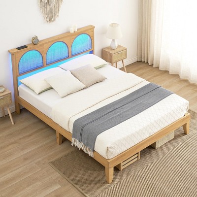 Rattan Full Bed Frame with Headboard, Boho Bed Frame with Wooden Support Legs, Wood Platform Bed Frame with Led Lights