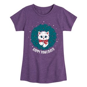 Girls' - Instant Message - Christmas Cat Happy Pawlidays Wreath Fitted Short Sleeve Graphic T-Shirt - 1 of 4