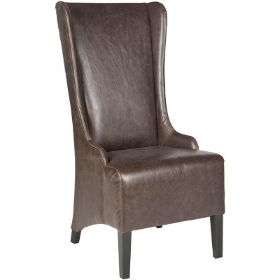 Antique Brown High Back Leather Upholstered Dining Side Chair