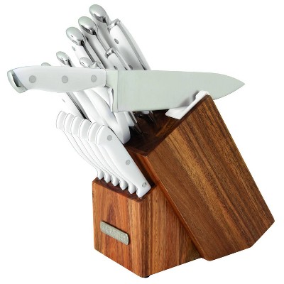 Sabatier 15pc Block Knife Set White: High Carbon Stainless Steel, Ergonomic Design, Kitchen Cutlery with Knife Block