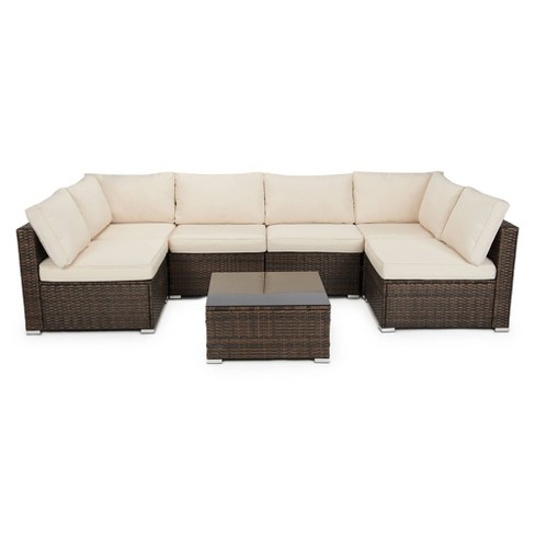 7pc Wicker Patio Sectional Sofa Set - Beige - Edyo Living : Target