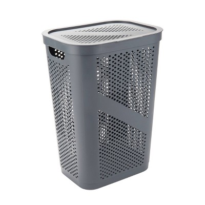 Gray Perforated Plastic Collapsible Laundry Hamper with Lid