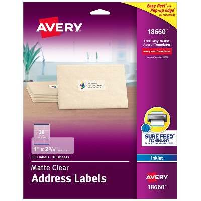 Avery Clear Easy Peel Mailing Labels Inkjet 1 x 2 5/8 300/Pack 18660