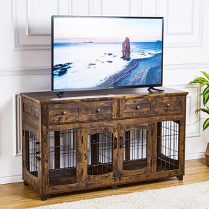 Dog Crate Furniture for 2 Dogs,Large Dog Crate Furniture,58 Inch 2 in 1 Wooden End Table with 5 Doors & Storage Drawers, Double Pet Kennel - 1 of 4