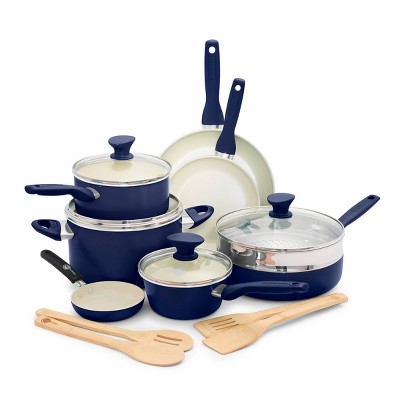 GreenPan Rio 16pc Ceramic Nonstick Cookware Set Oxford Blue: Aluminum, Dishwasher-Safe, Gas & Electric Compatible