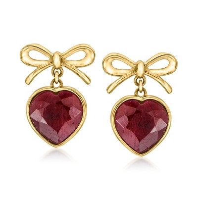 Ross-Simons 9.00 ct. t.w. Bezel-Set Ruby Heart and Bow Drop Earrings in 18kt Gold Over Sterling