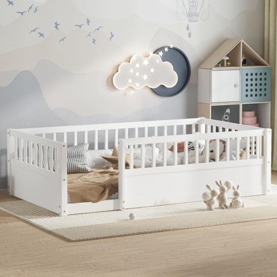 ALEXOUN Floor Bed with Fence & Door - Kids Bed Montessori Frame - Easy Assembly, No Spring Box Needed - for Playroom Bedroom