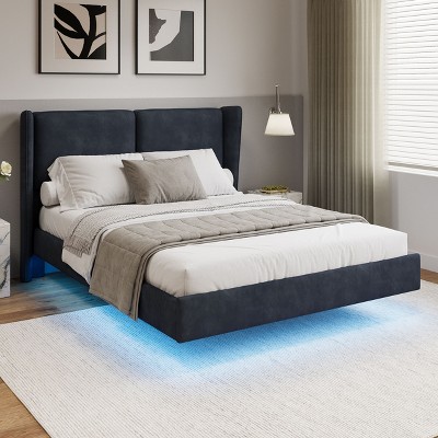 NicBex Queen Floating Bed Frame with LED Lights,Upholstered Wingback Bed Frame with Velvet Fabric Headboard,No Box Spring Needed,Easy Assembly,Gray