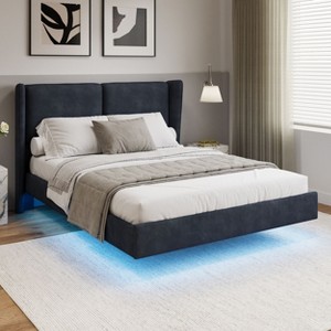 NicBex Queen Floating Bed Frame with LED Lights,Upholstered Wingback Bed Frame with Velvet Fabric Headboard,No Box Spring Needed,Easy Assembly,Gray - 1 of 4