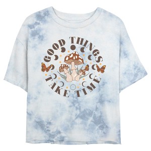 Juniors Womens Lost Gods Good Things Take Time Mushrooms Crop T-Shirt - 1 of 4