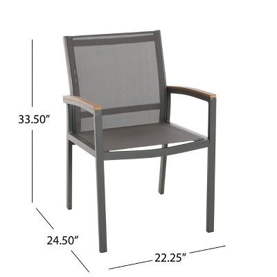 Gray and Natural Aluminum Outdoor Dining Chairs with Faux Wood Arms, Set of 2