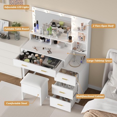 White Makeup Vanity Desk with Mirror, 5 Drawers and Shelves