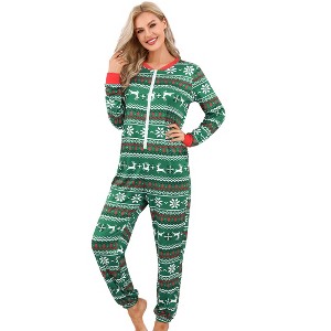Women's Christmas One Piece Pajamas Printed Long Sleeve Jumpsuit  Reindeer & Snowflake Patterns Xmas Onesie - 1 of 4